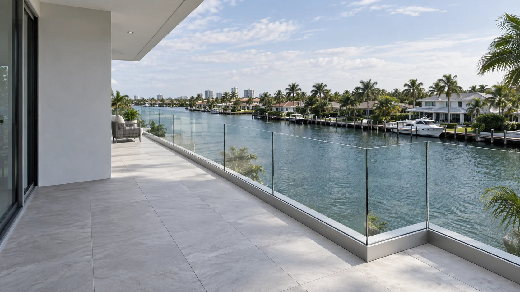 A frameless glass railing running the length of a terrace above a South Florida waterway