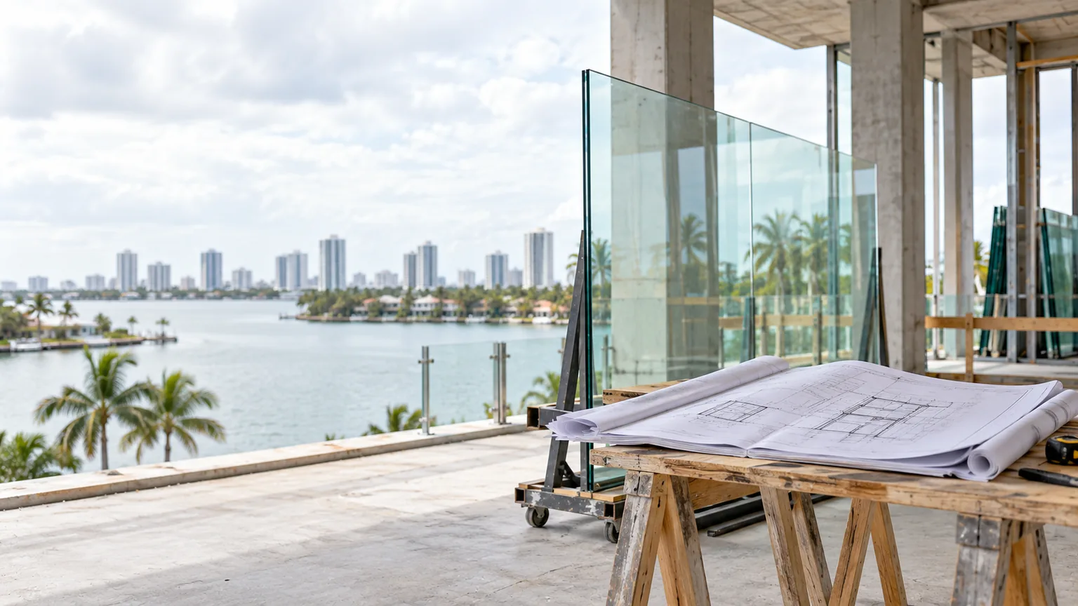 A drawing set open on a trestle table on a building site, glass panels on a trolley behind it and the waterway beyond the open slab