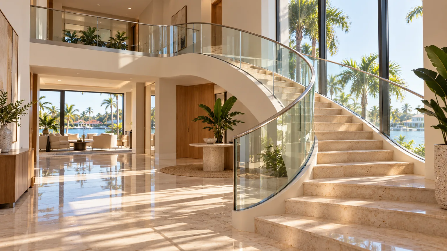 A curved stair rising through a double-height hall behind a continuous bent glass balustrade, daylight from tall windows