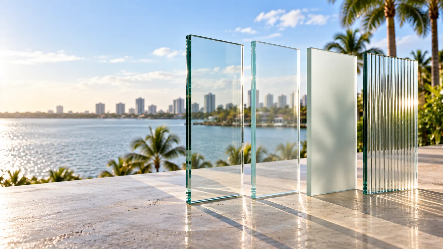 Four glass samples standing edge-on in a row on stone, daylight across their polished edges