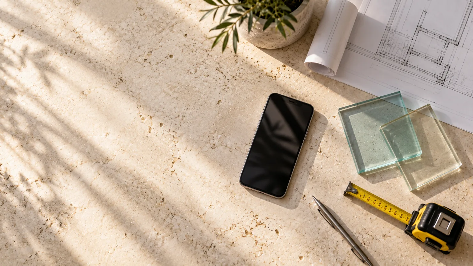 A phone, a rolled drawing, two glass samples and a tape measure on a stone counter, seen from above with palm shadows across it