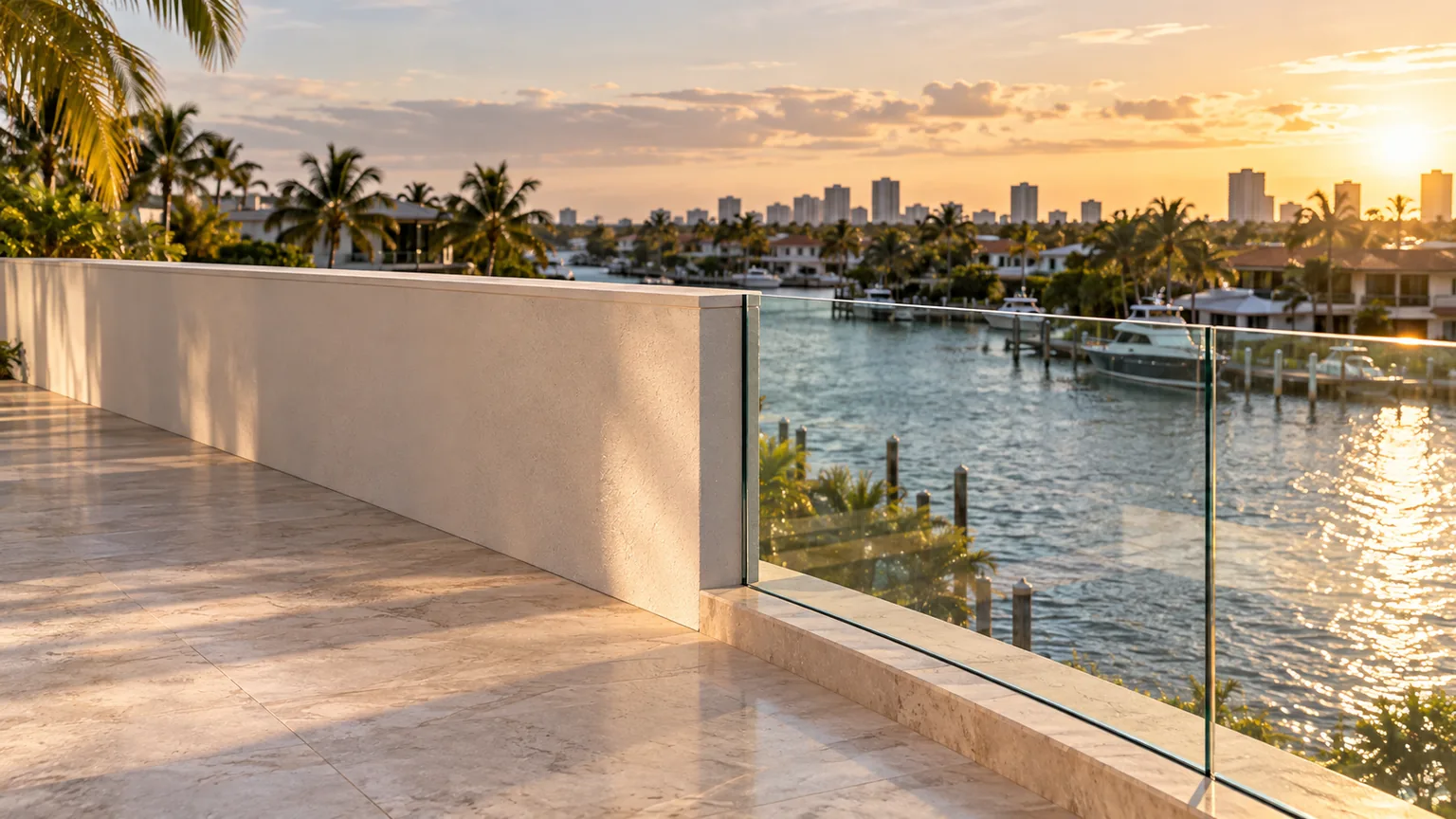 A waterfront terrace where a solid rendered parapet meets a frameless glass guard along the same edge