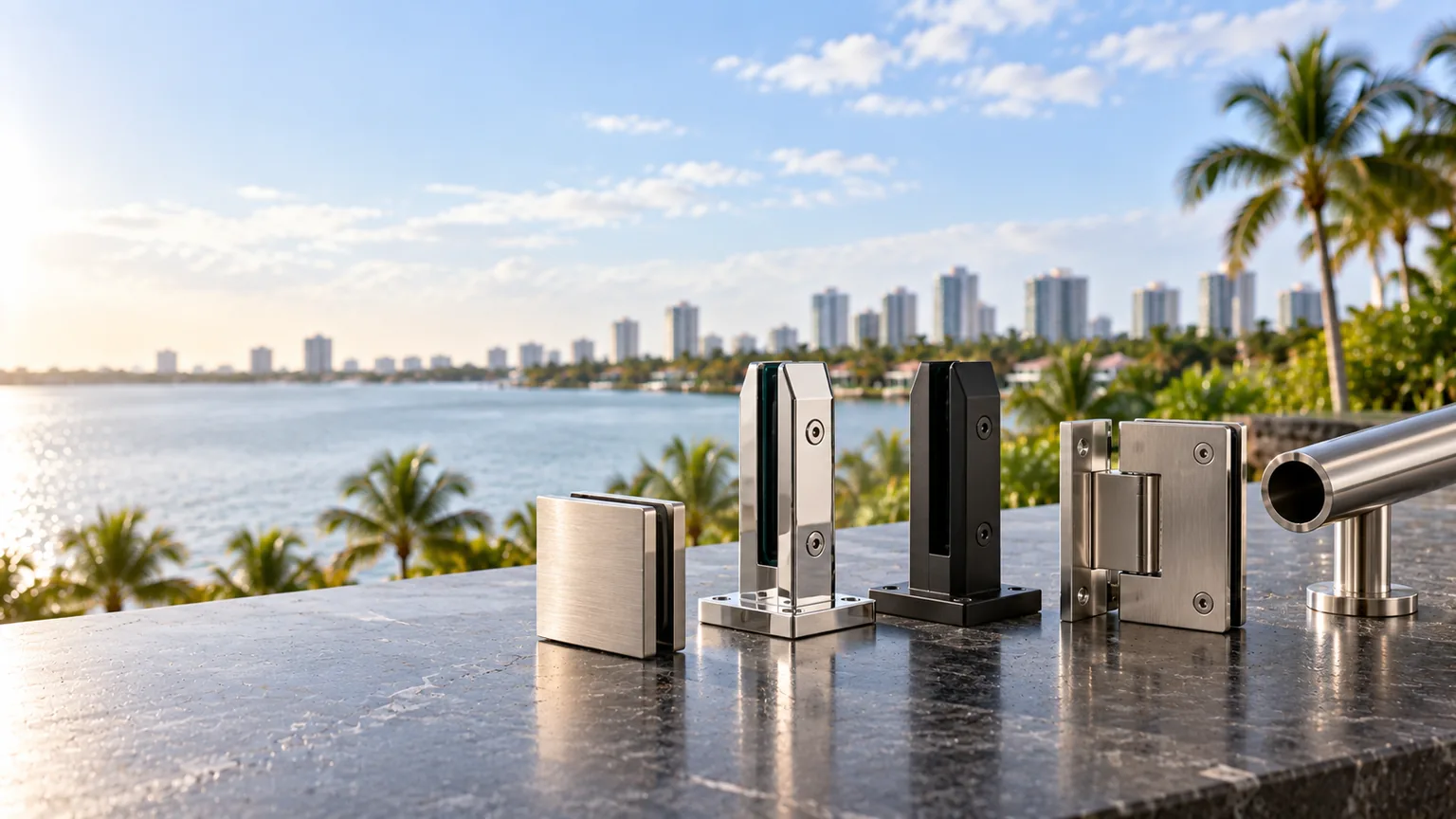 Railing hardware set out on a stone parapet above the water — square clamps, spigots in two finishes, and a round rail end with its wall flange