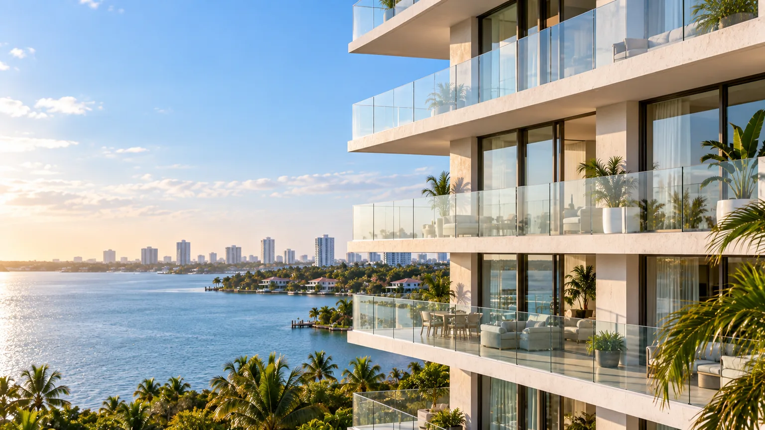 A condominium tower seen from below, its stacked balconies all fitted with the same frameless glass railing