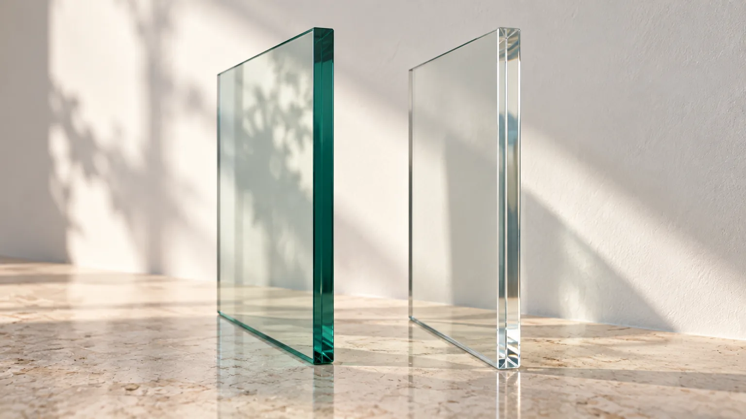Two glass panels standing edge-on side by side in daylight, one with a green edge and one almost colourless