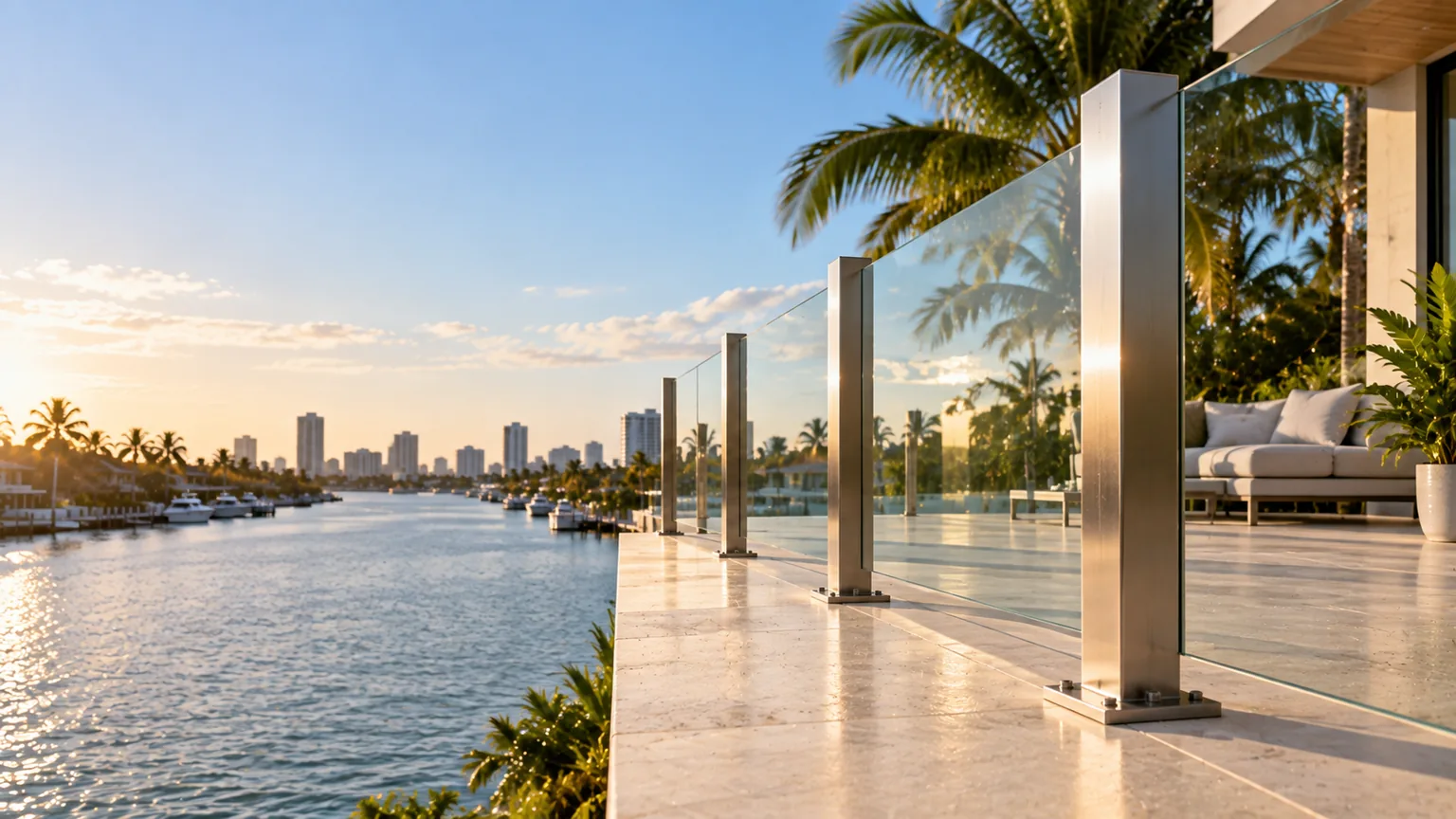 A post-mounted glass railing along a terrace above the waterway, square stainless uprights at even intervals with glass infill between them