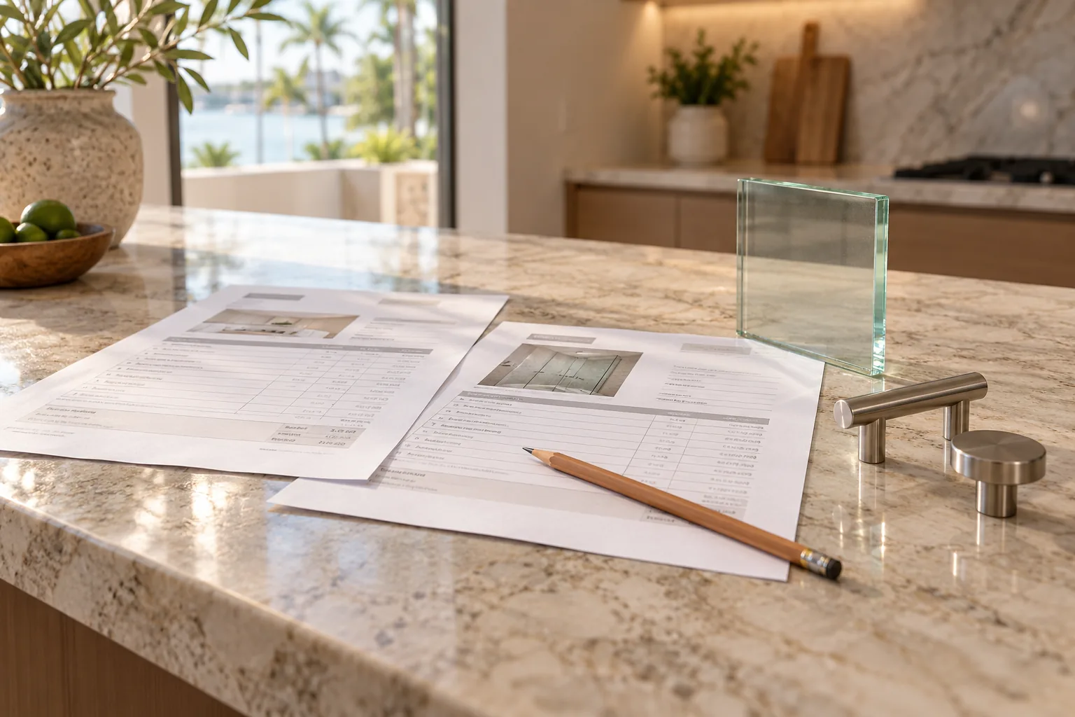 Two estimates, a glass sample and a hardware sample laid out together on a stone counter in daylight