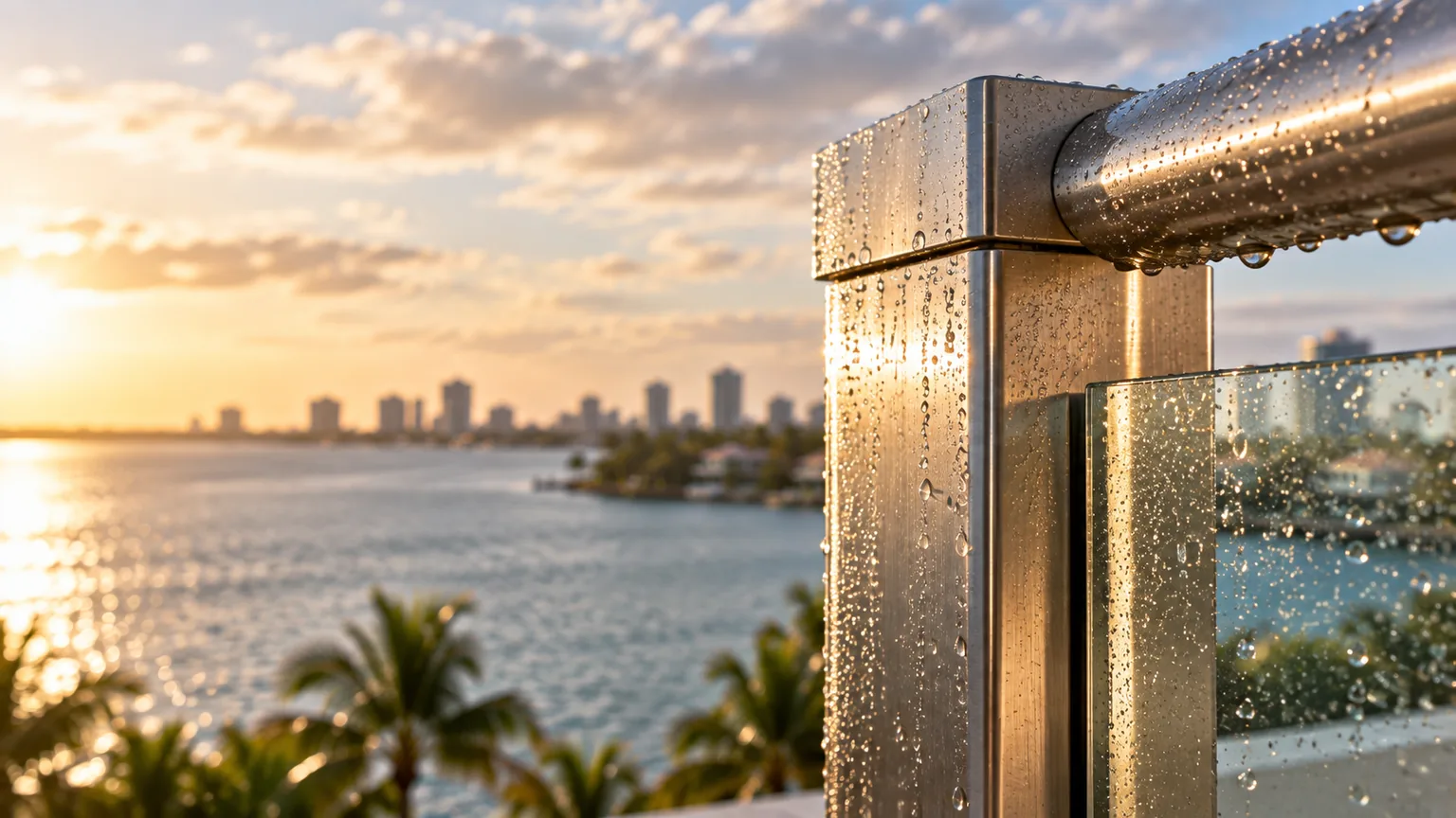 Close-up of a stainless clamp holding a clear glass panel beneath a brushed round top rail, with the ocean behind