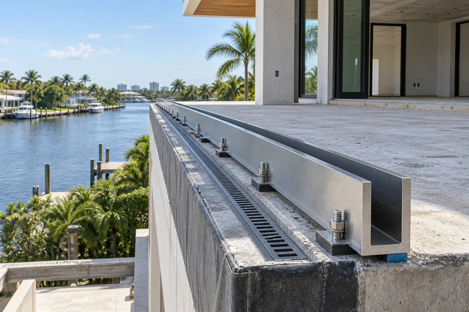 A stainless base channel bolted down along a concrete parapet before the glass goes in