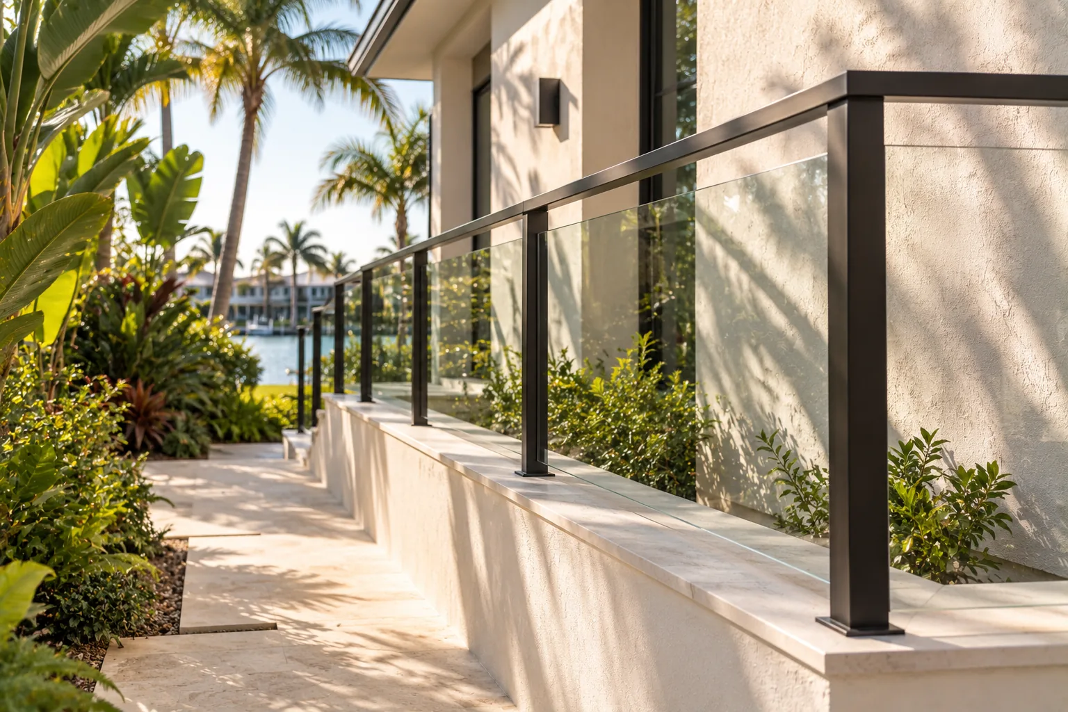 A dark aluminum-framed glass railing along a side terrace, palms and the waterway beyond