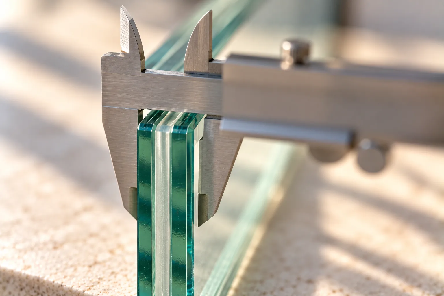 A vernier caliper measuring the edge of a laminated panel, the interlayer between the two plies held in the jaws