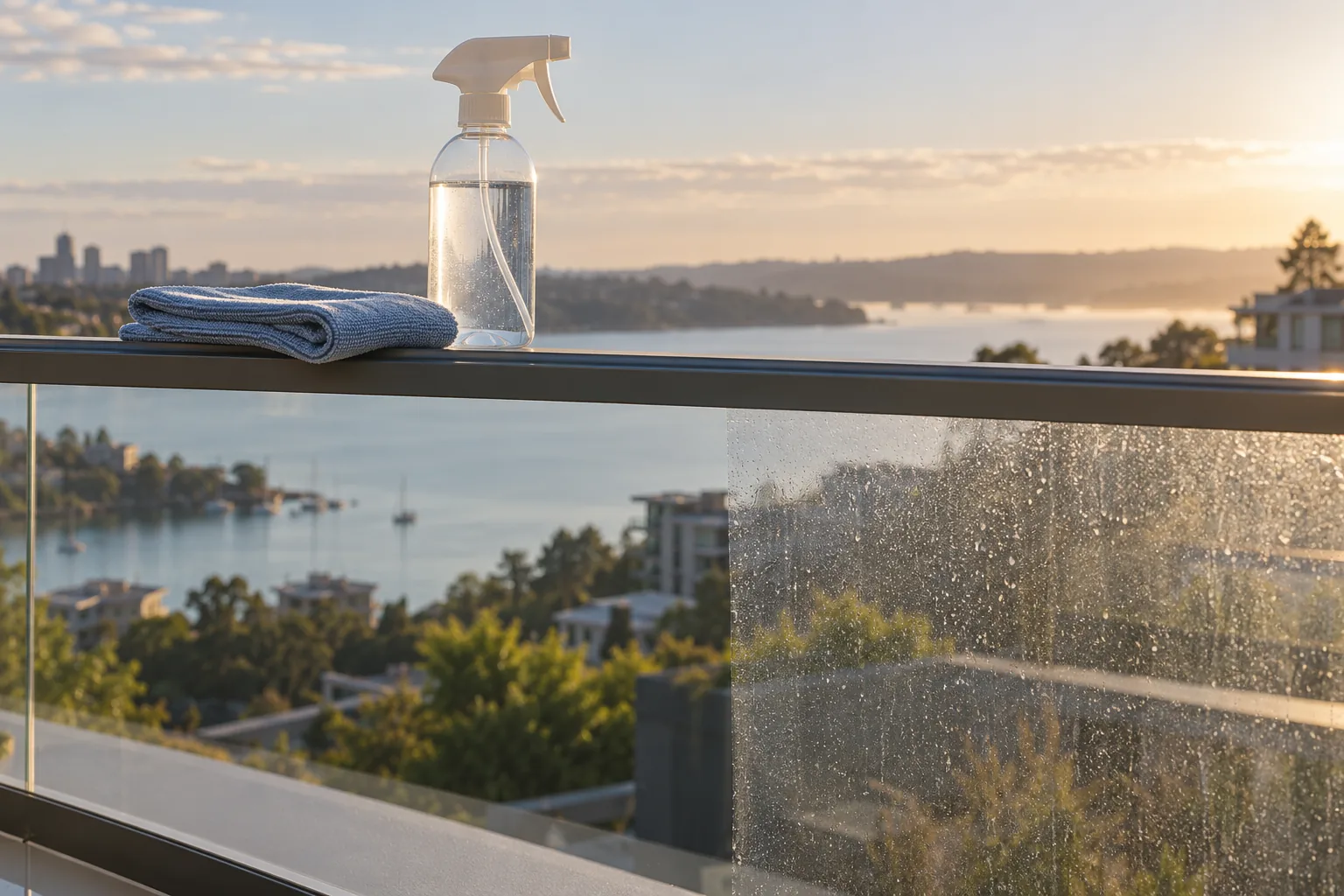 A gloved hand drawing a microfibre cloth down a clean glass panel on a terrace
