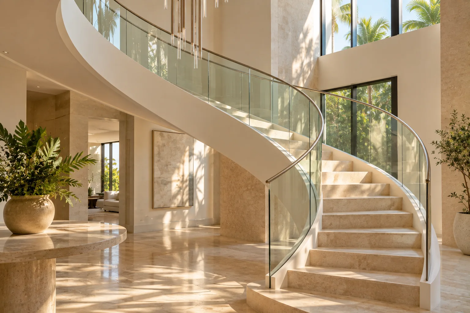 A curved glass balustrade following the sweep of a spiral stone staircase