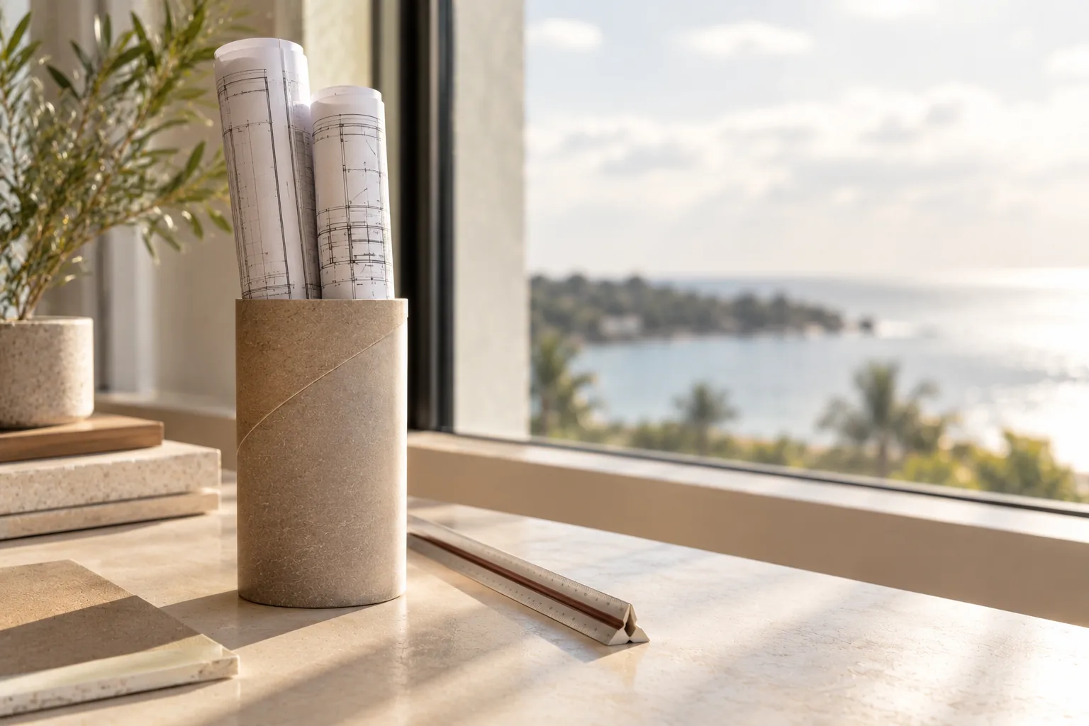 Rolled drawings standing in a tube on a windowsill with a triangular scale rule beside them