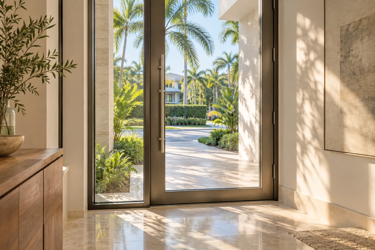 A glass entry door with a full-height sidelite seen from inside a hall, the drive and palms beyond