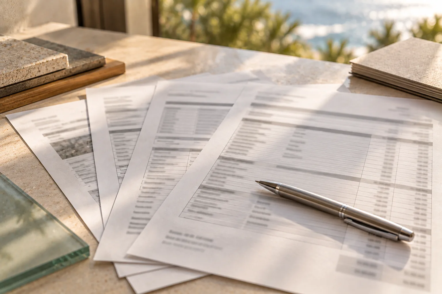 Several estimate pages fanned out on a counter with a pen lying across them