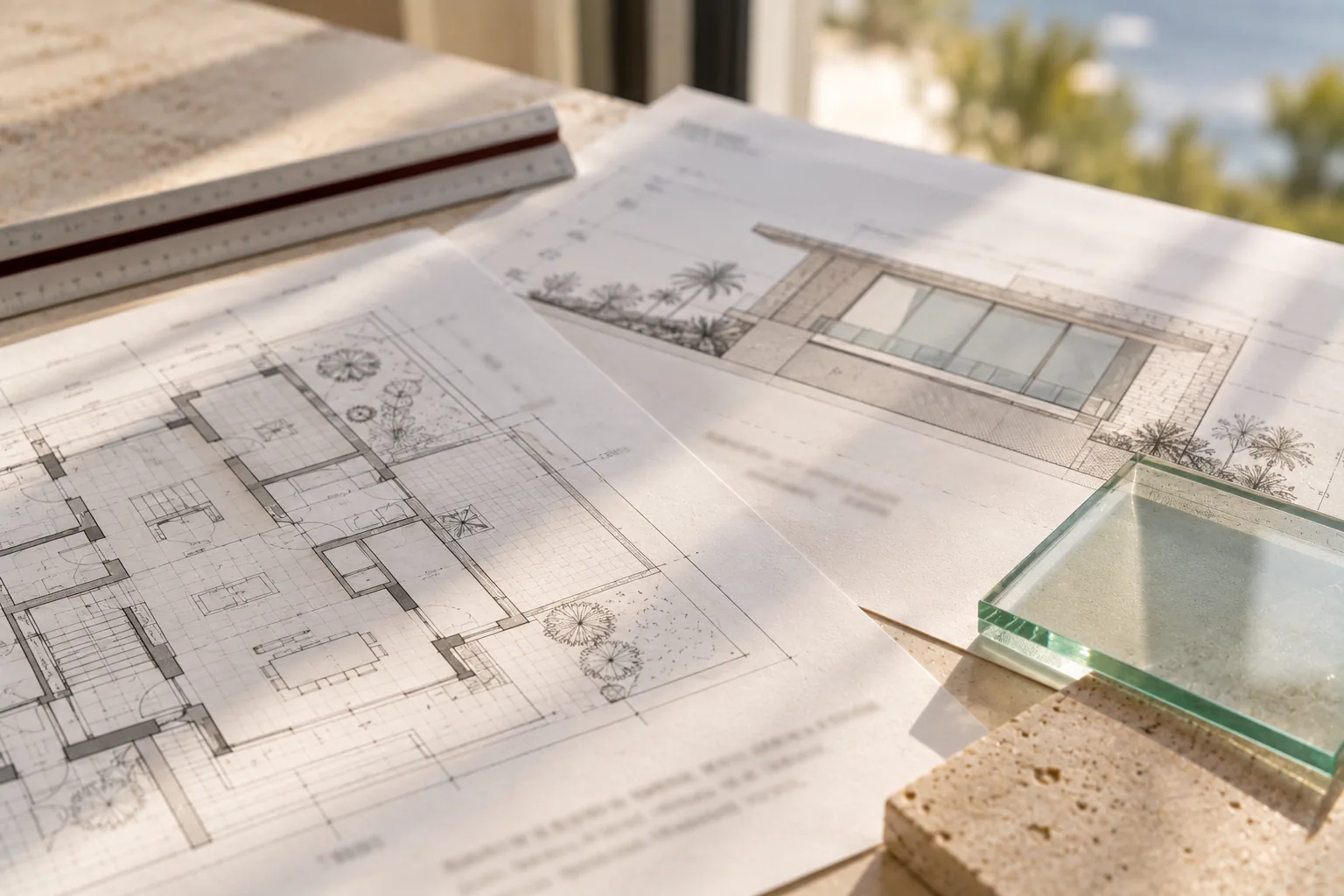 A floor plan and an elevation unrolled together on a bench with a scale rule across them
