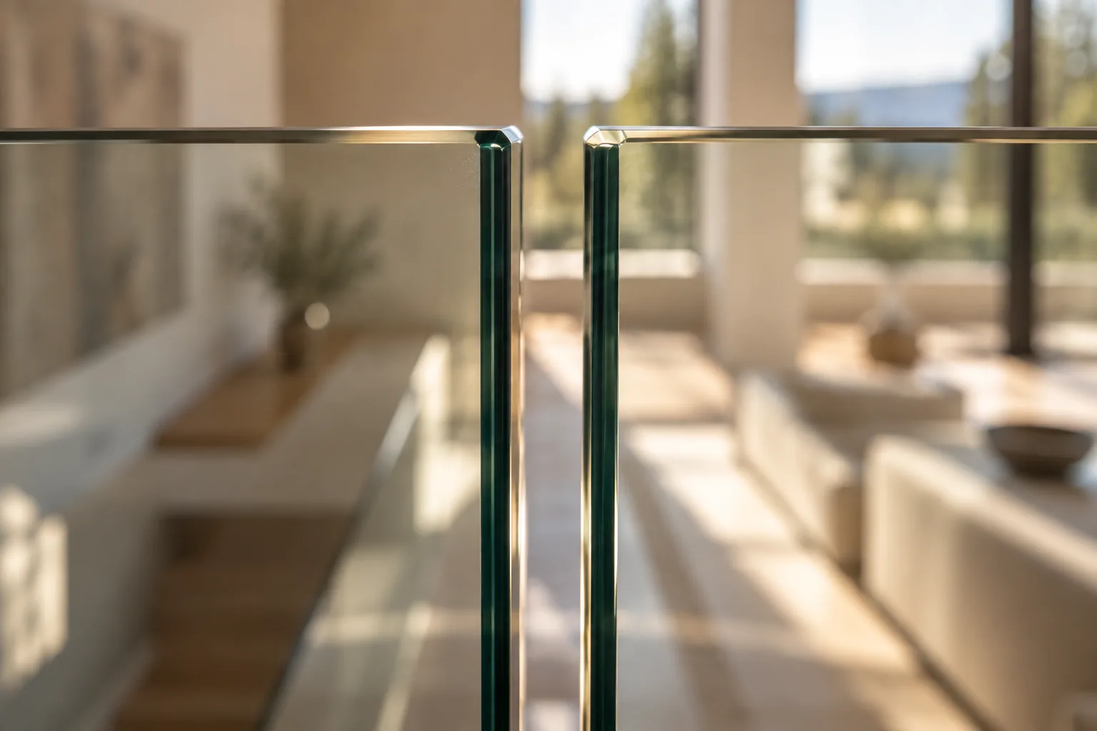 The gap between two glass panels in close view, both polished edges in focus and the room behind them soft