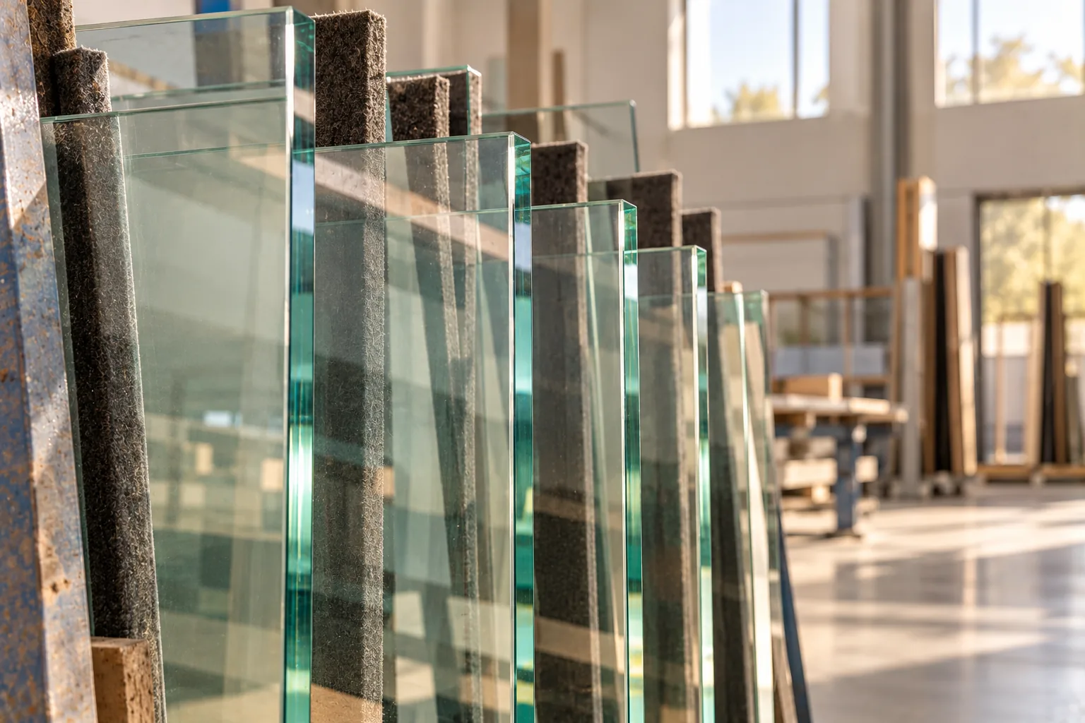 Glass panels standing in a workshop rack, their edges catching the light