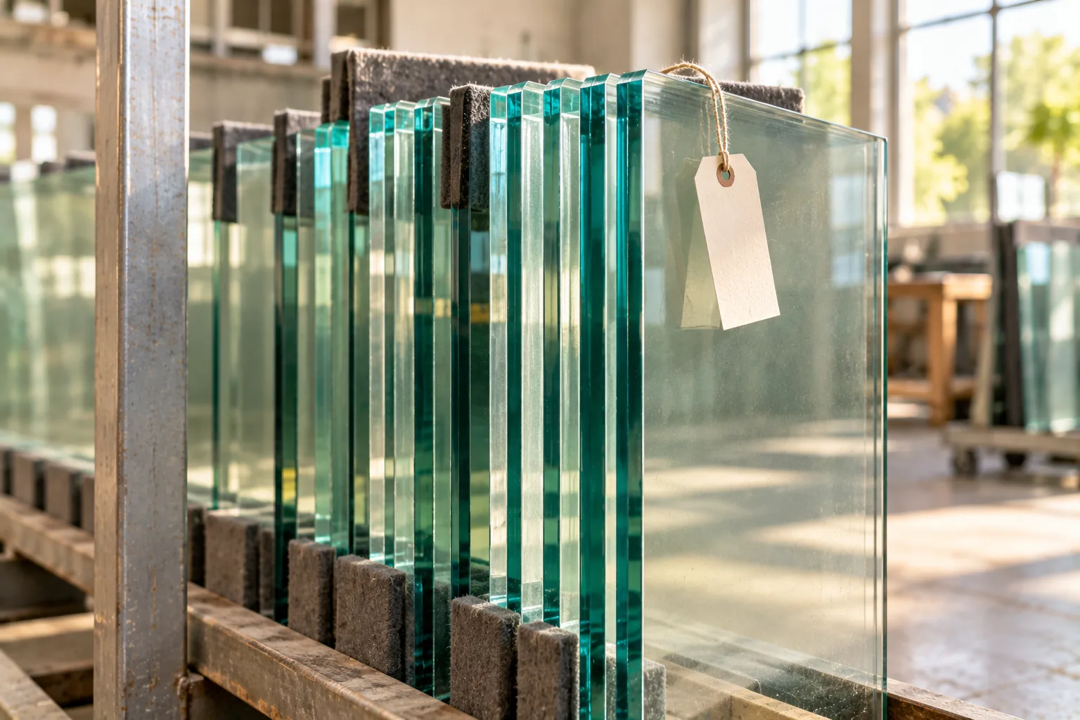 Glass panels standing in a workshop rack on padded separators, a blank paper tag tied to the nearest one