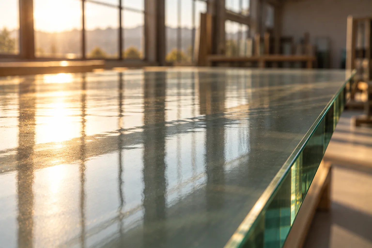 Low light raking across a glass panel laid flat, the faint waviness of the surface showing in the reflection