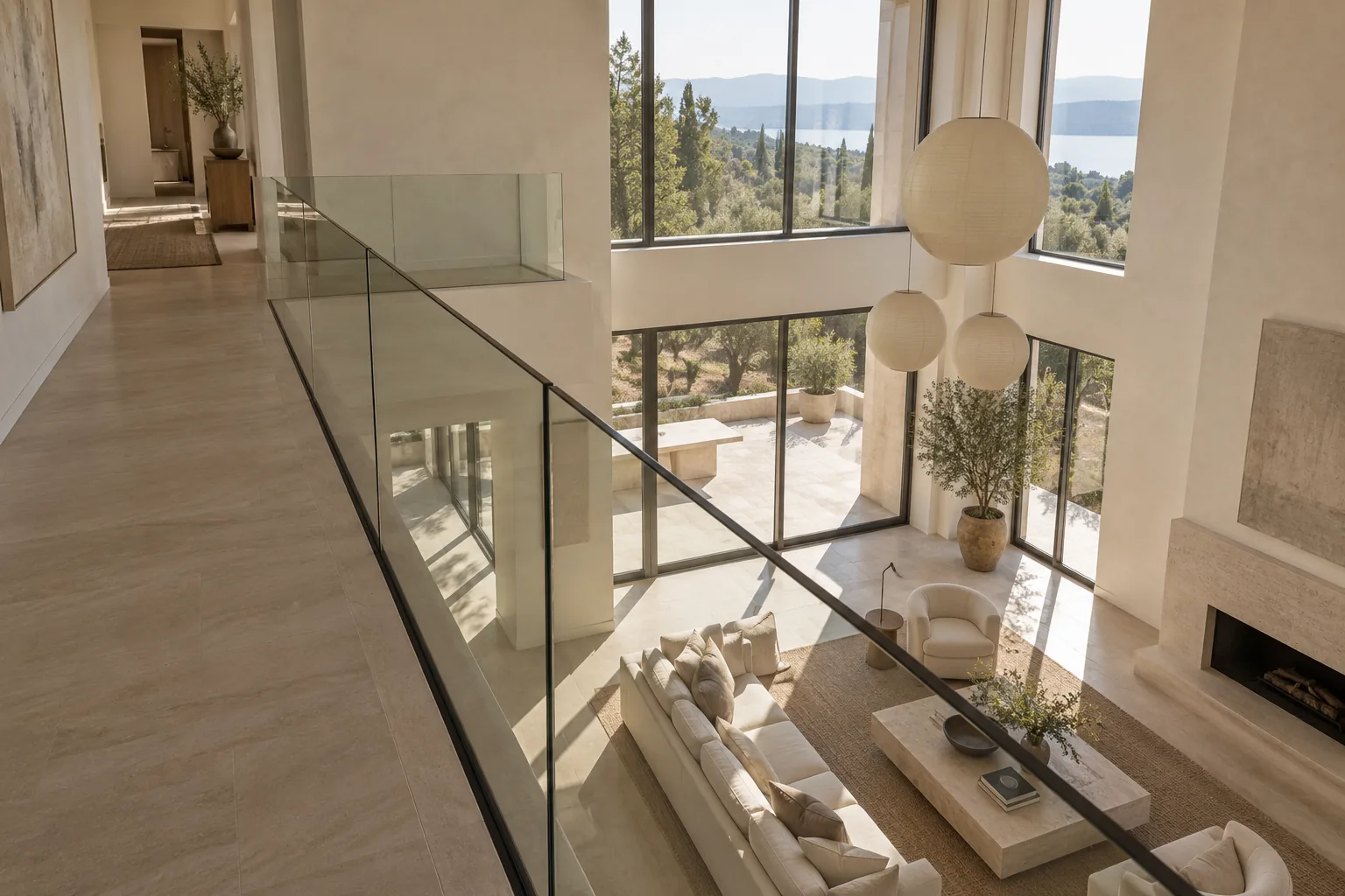 A glass guard along an upstairs landing seen from above, the living room a floor below