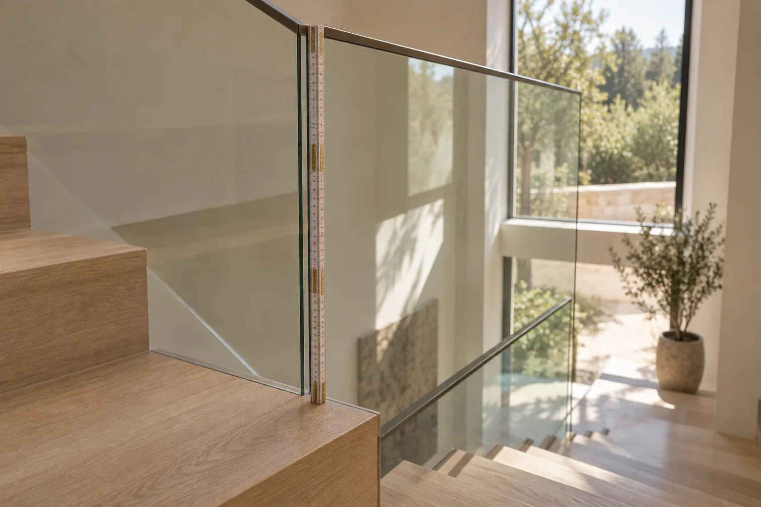 A folding rule standing against a glass stair guard, measured from the tread up to the top of the panel