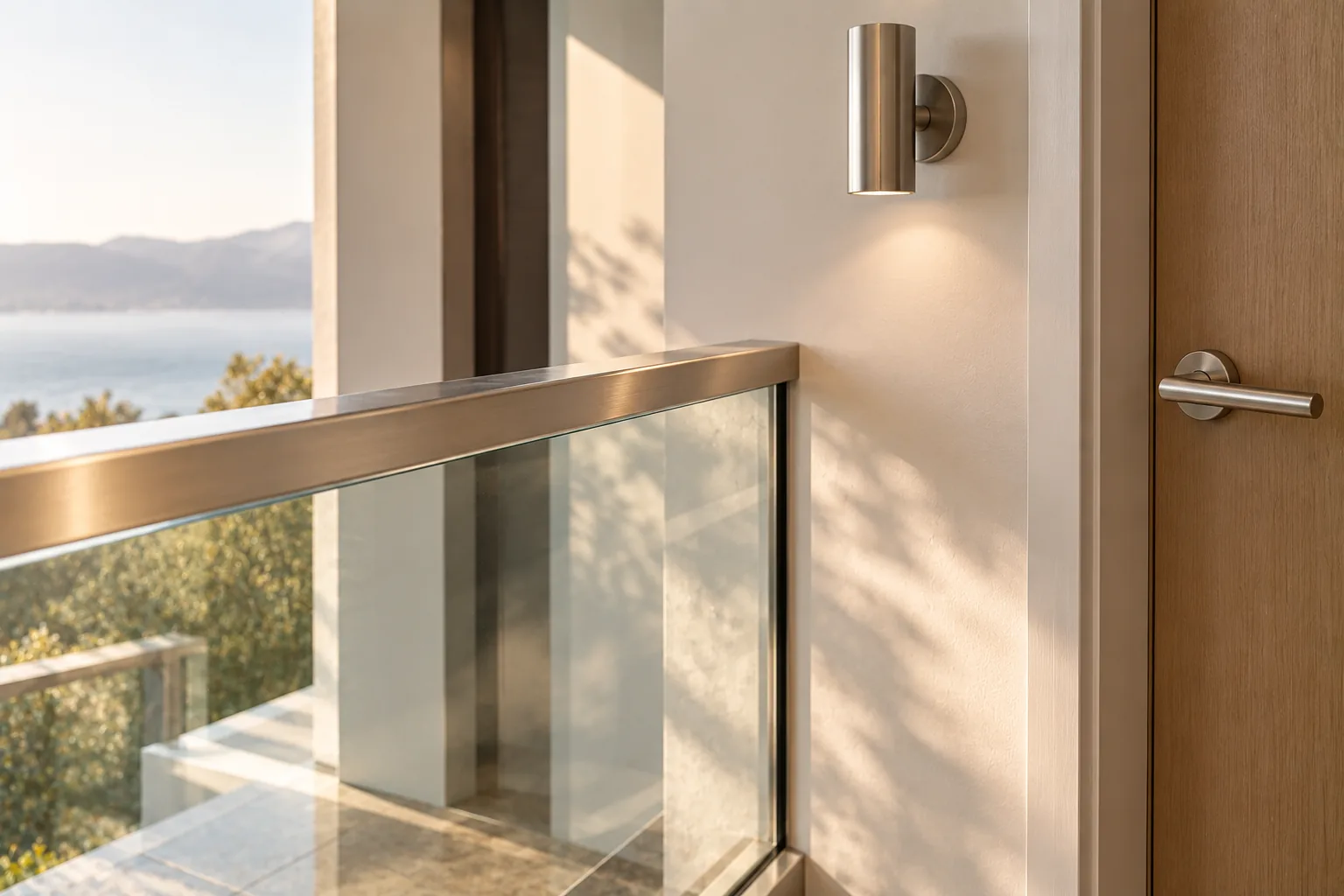 A stainless top rail meeting the wall beside a door lever and a wall light in the same finish