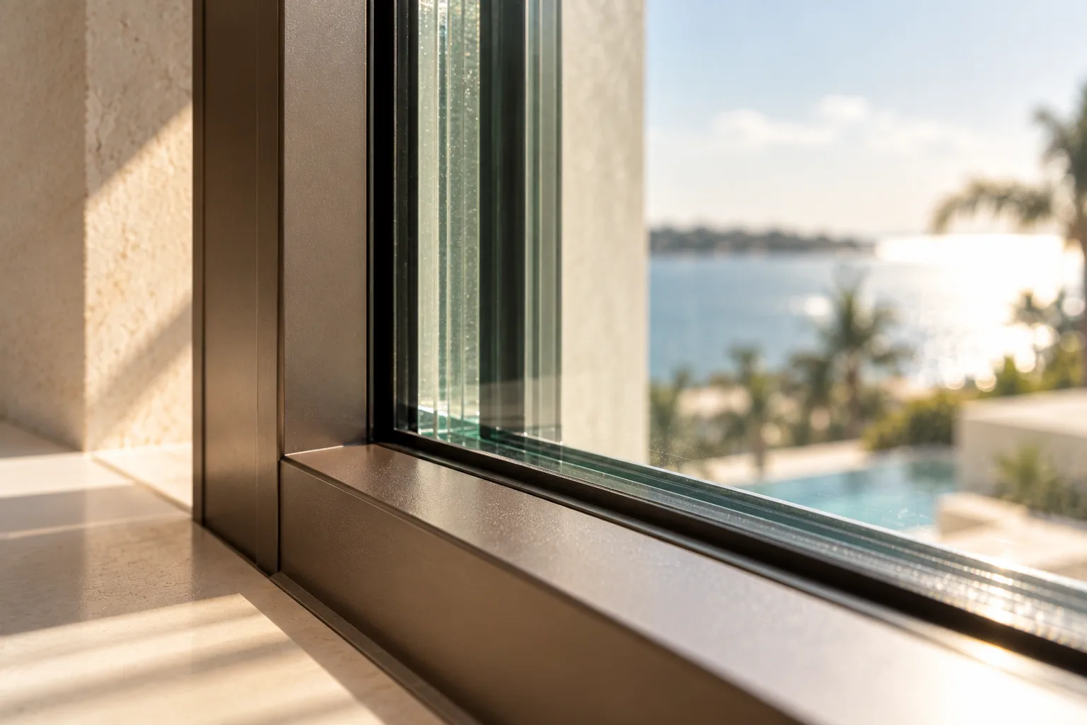 The edge of a fixed window in a dark frame, the laminated make-up of the glass visible in the reveal