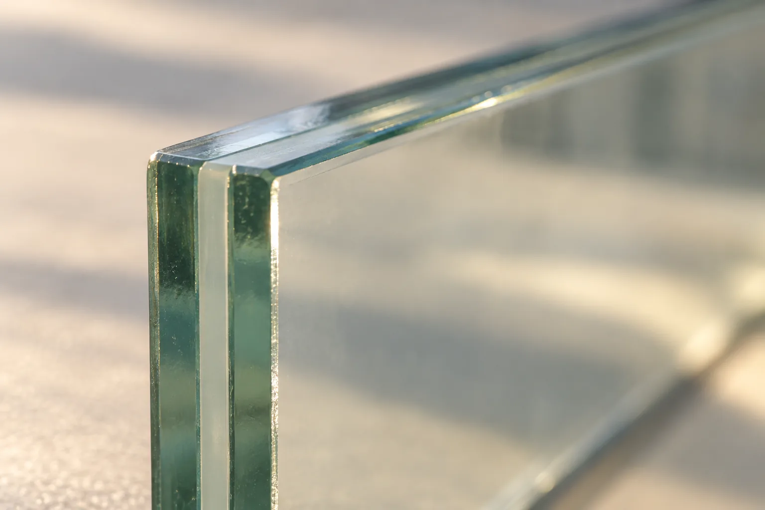 The corner of a laminated panel in close view, the interlayer a thin pale line between two plies of glass