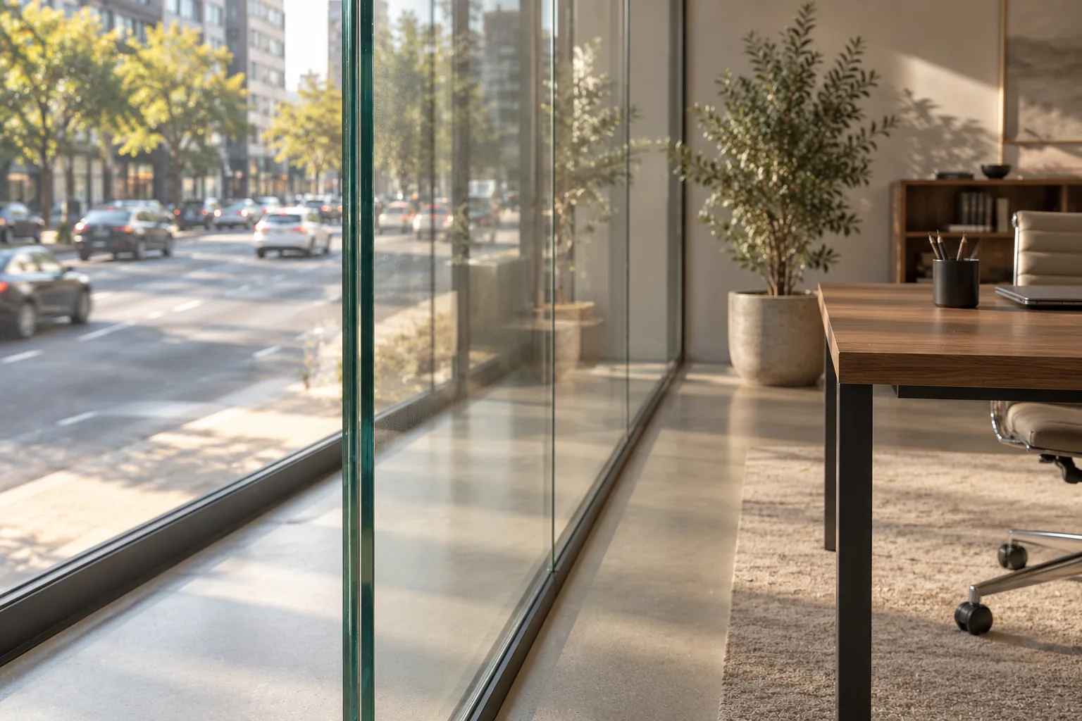 A street-facing glass wall in an office with traffic beyond, the laminated edge of the pane in the foreground