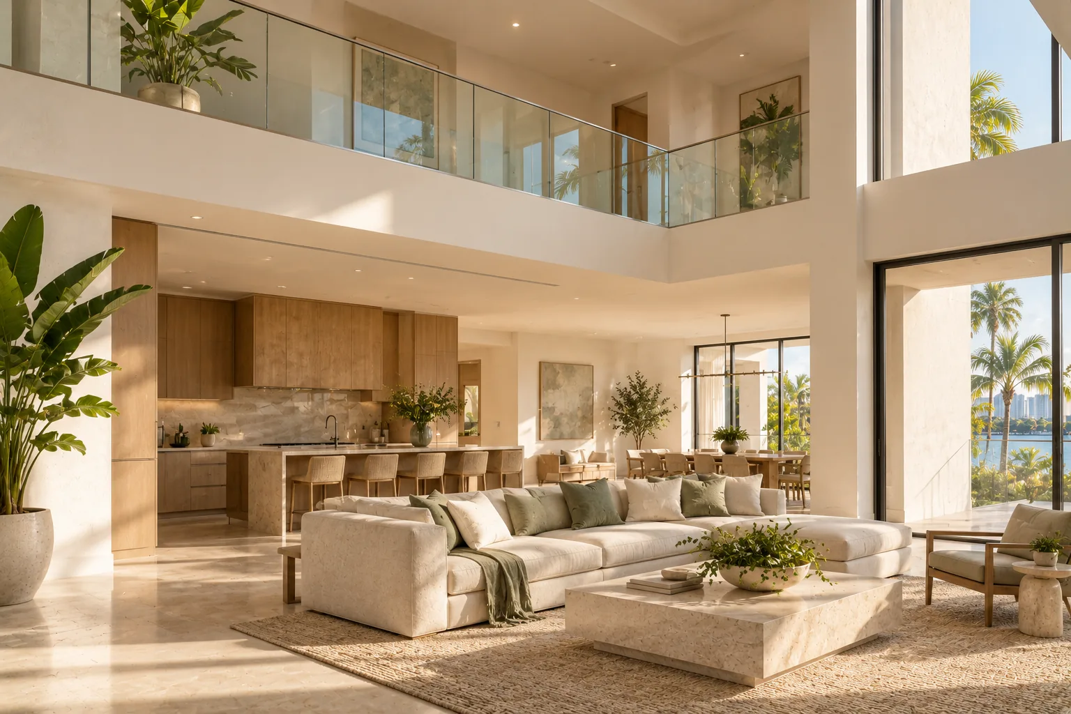 An open living room and kitchen in daylight, a glass railing running along the gallery above