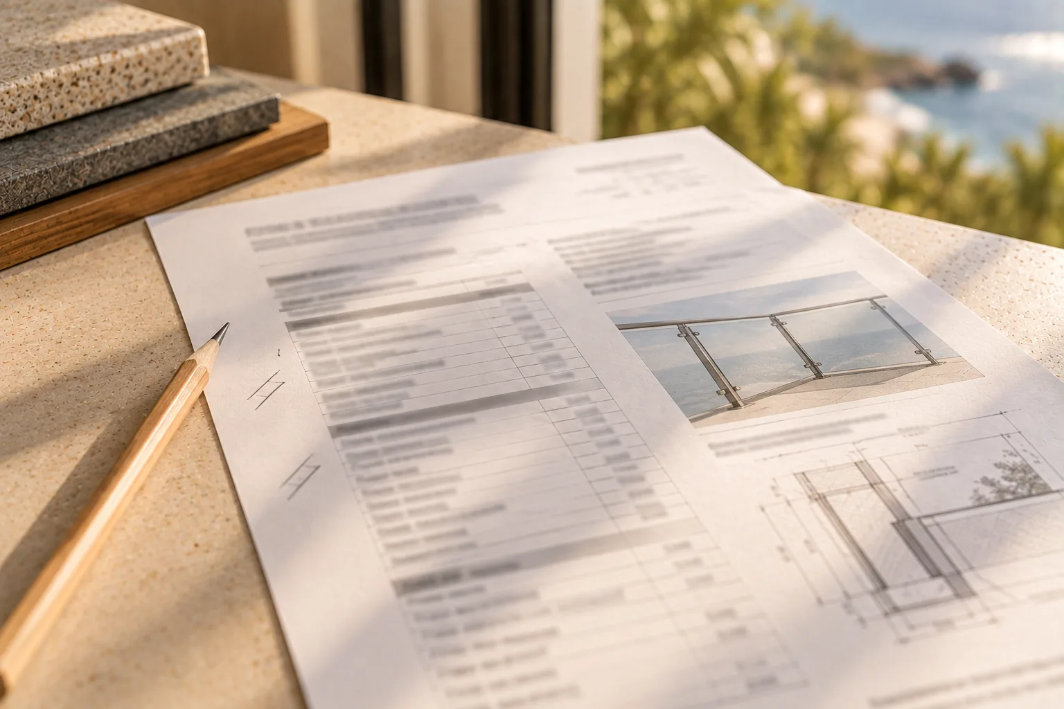 A printed specification page on a desk with several lines marked in pencil