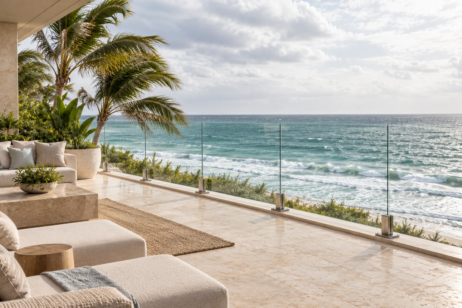 An oceanfront terrace railing with spray in the air behind it, the glass set in a stainless channel