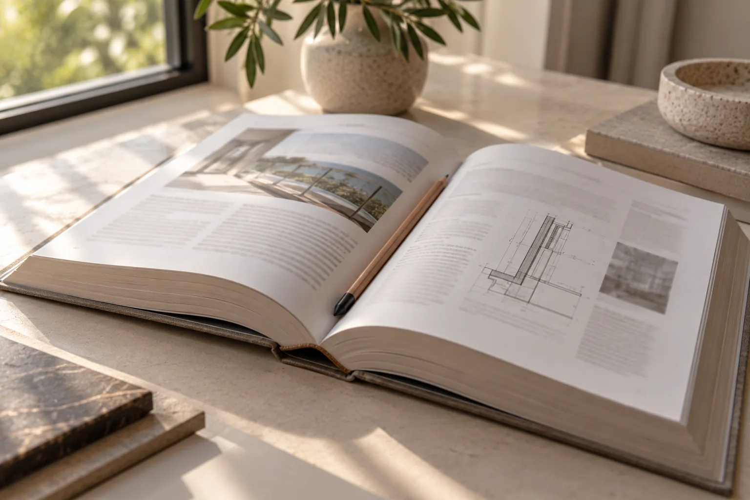 A reference volume open on a counter at a page of glazing details, a pencil lying in the gutter