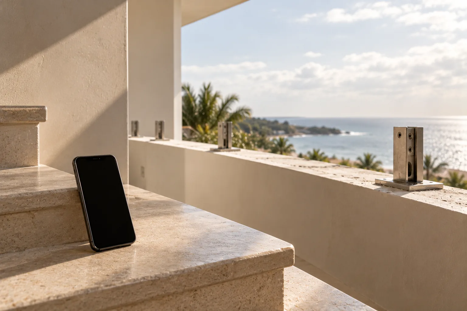 A phone propped on a stone step facing a terrace parapet with spigots set and no glass yet, ocean beyond