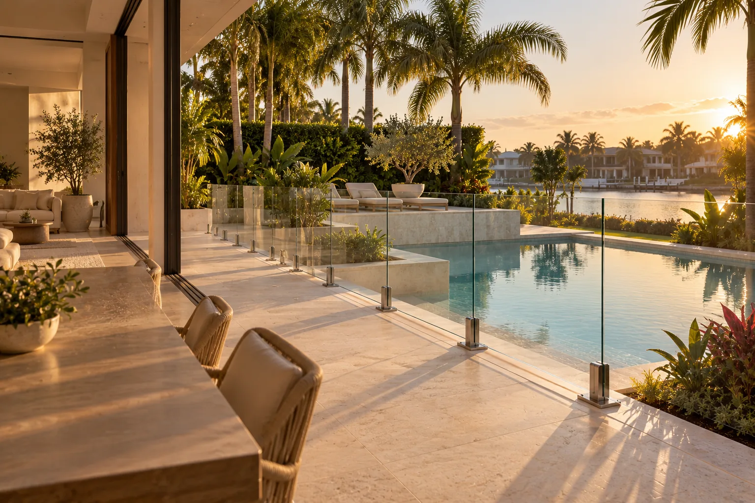 A glass pool barrier set back from the terrace at sunset, separating the seating area from the pool