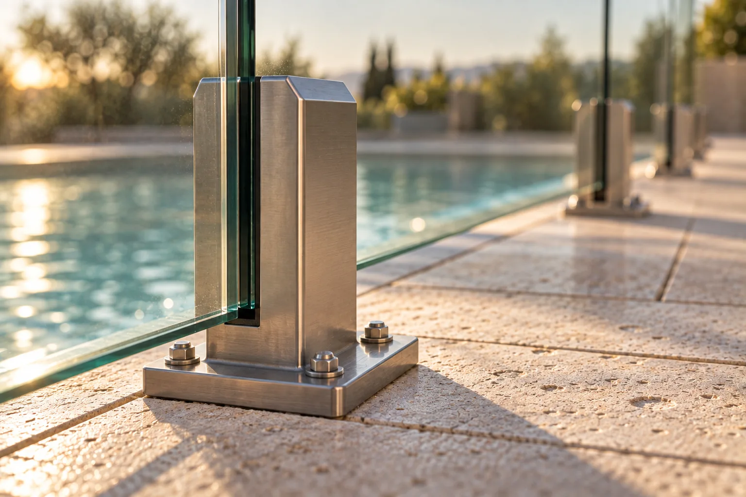 A spigot at the base of a glass pool fence in close view, the gap between the glass and the deck visible