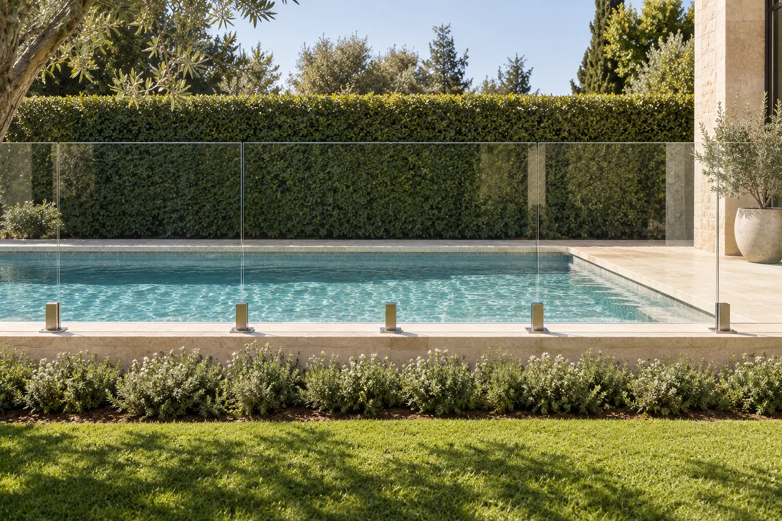 A frameless glass pool fence running the length of a pool, a clipped hedge behind it and low planting along the base