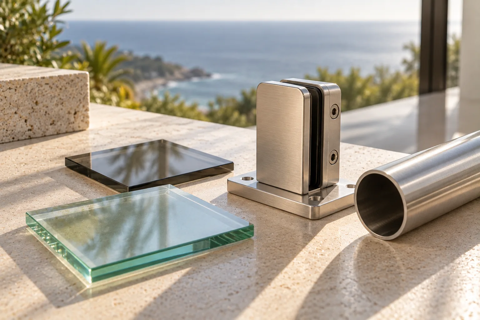 Glass and hardware samples laid out on a stone counter in daylight before an order is placed