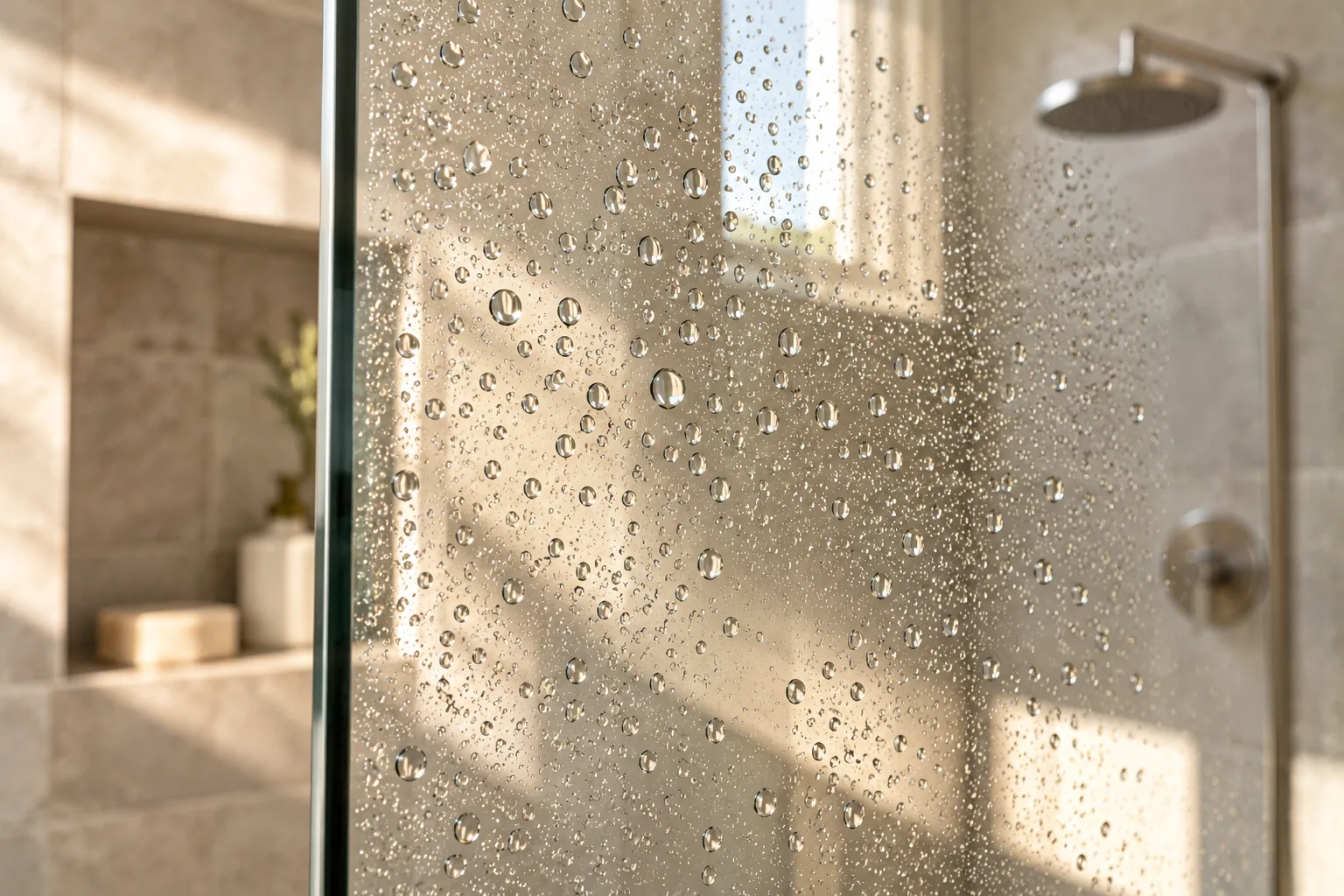 Water beading on the inside of a shower panel, the stone niche beyond soft through the drops