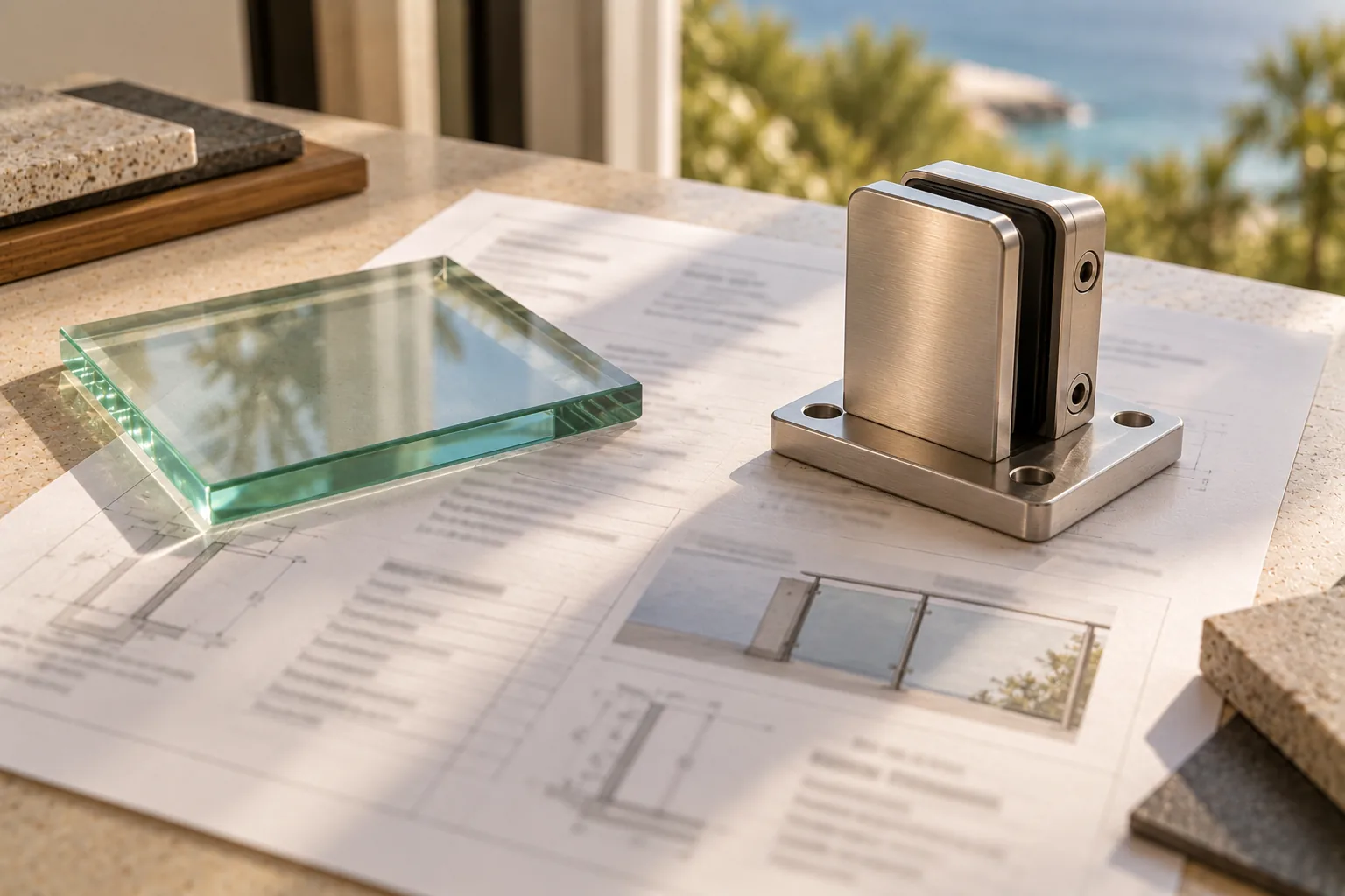 A specification sheet on a counter with a glass sample beside it and a stainless clamp standing on the page