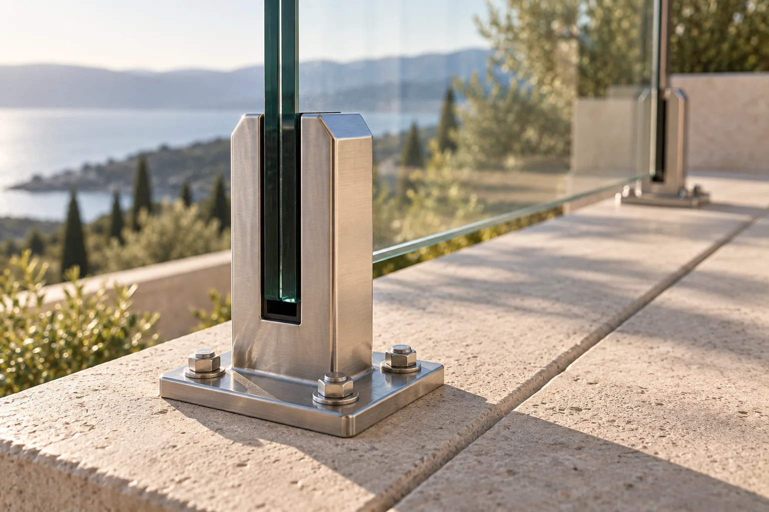 A stainless spigot anchored into a concrete slab edge, the fixings and packing visible before the glass goes in