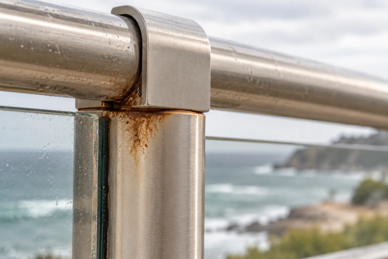 A stainless railing post by the sea in close view, rust-coloured tea staining spreading from the fixing