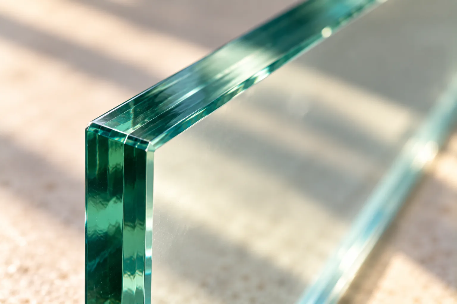 The polished corner of a single tempered pane in close view, light running along the edge