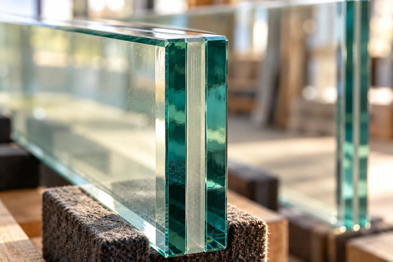 The edge of a thick laminated panel on padded blocks, the interlayer visible as a line between two plies