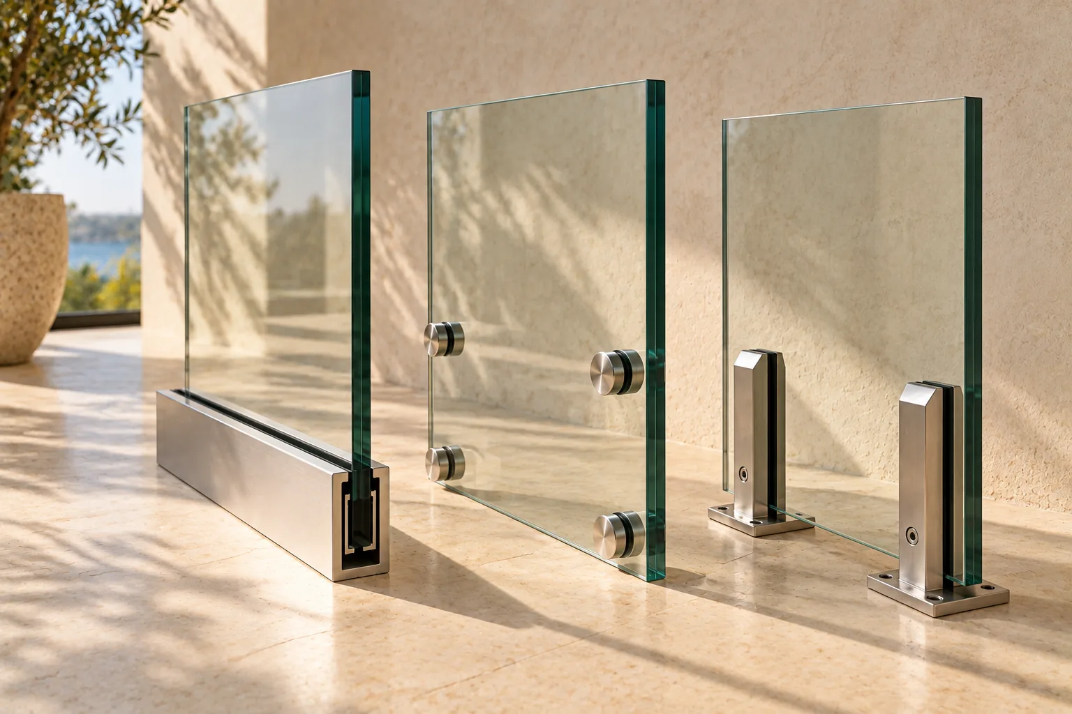 Three glass panels standing on a terrace, each held a different way: a base shoe, round standoffs and a pair of spigots