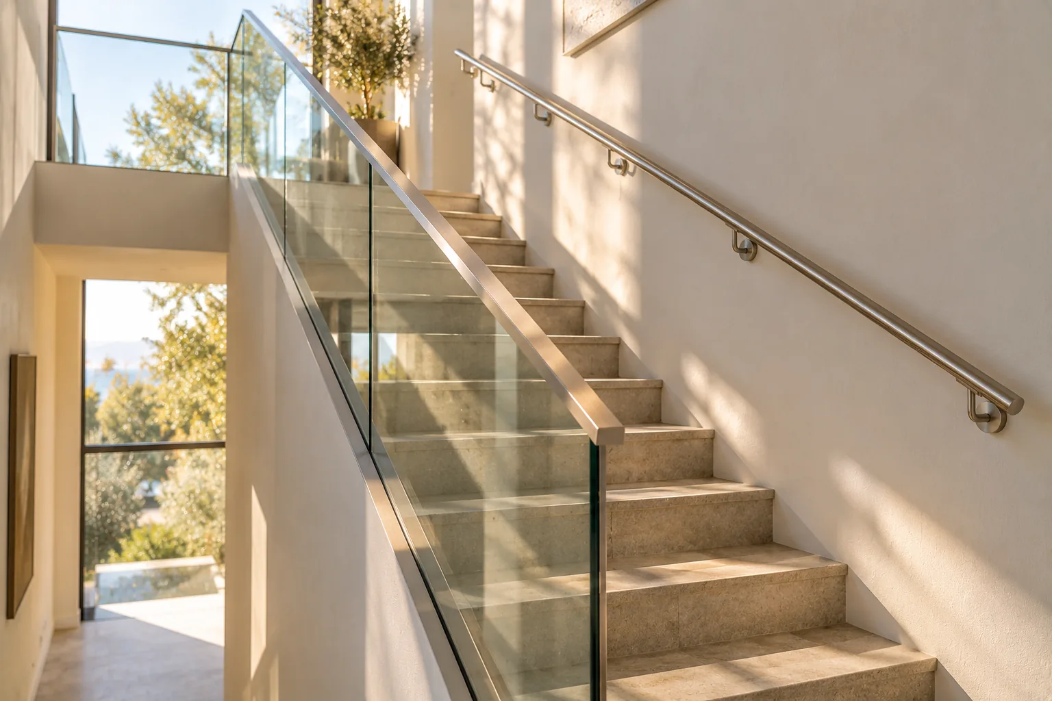 A stair with a frameless glass guard on the open side and a separate round stainless handrail mounted along the wall