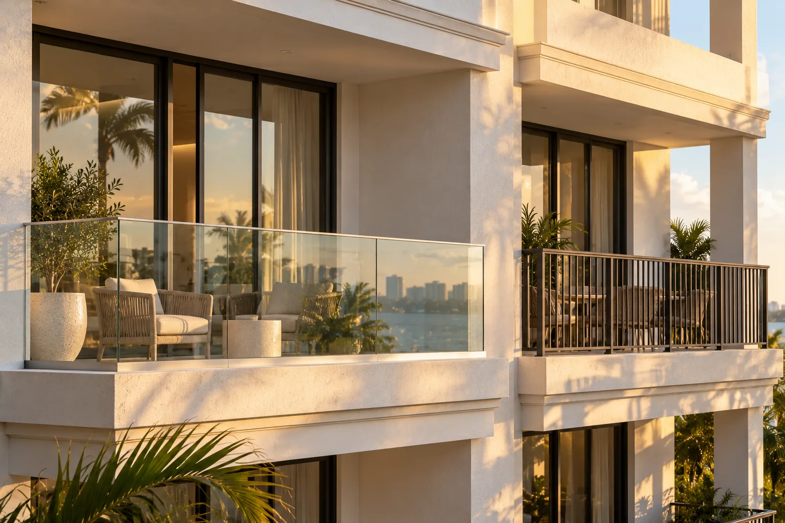 Two balconies on one façade seen together, their railings different from each other