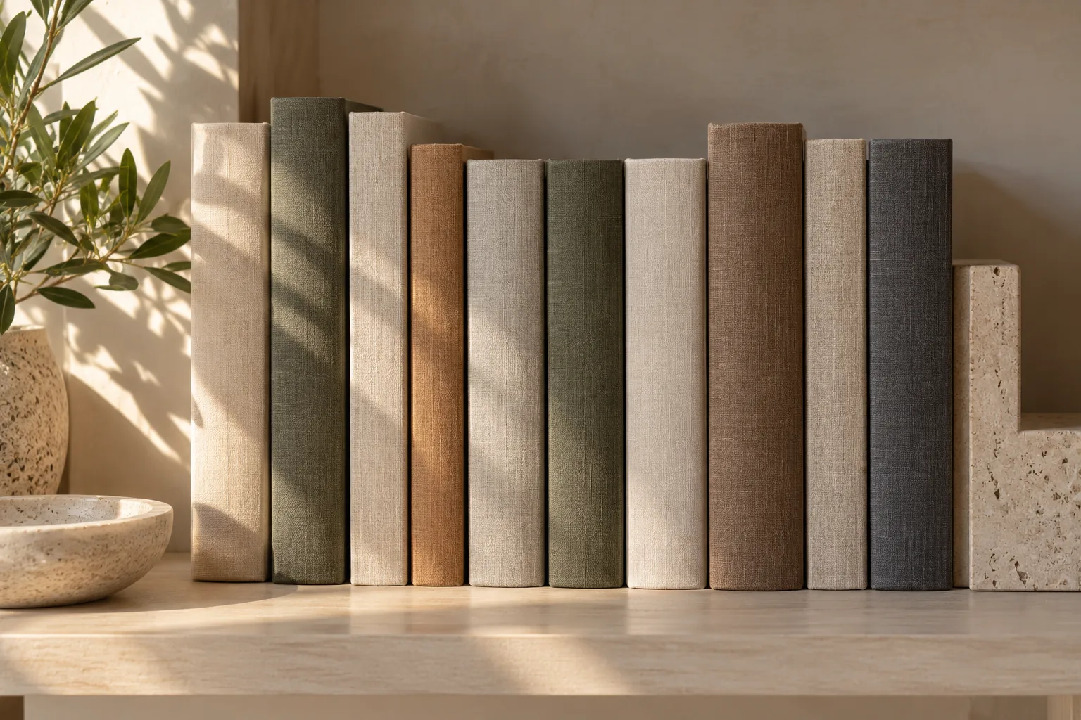 A row of cloth-bound volumes standing on a shelf in afternoon light